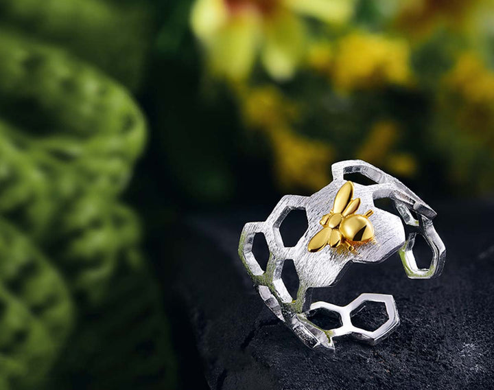 Adjustable 18K Gold Plated Honeycomb Ring